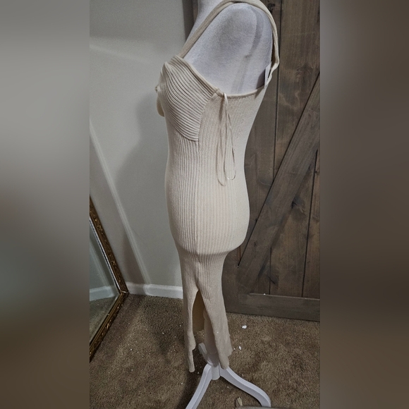 YACHT CLUB Knit One Shoulder Side Slit Midi Dress In Beige. Size S/M NWT - Picture 11 of 13